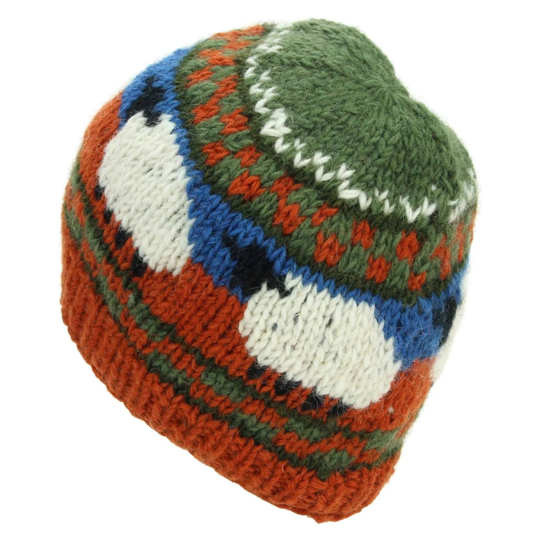 Hand Knitted Wool Beanie Hat - Orange Green