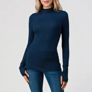 Heimious Modal Rib Knit Mock Turtleneck | Navy