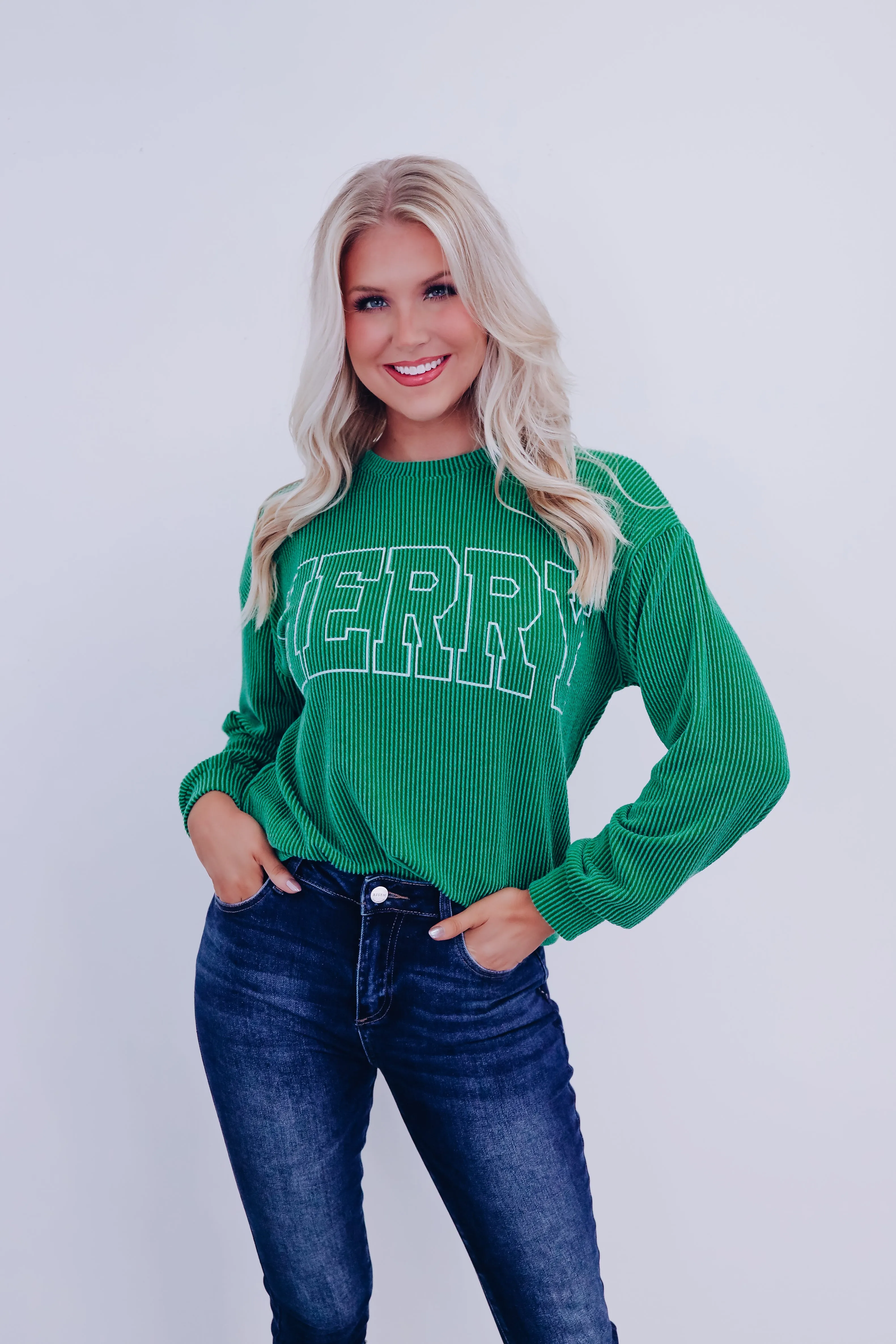 Holiday "Merry" Graphic Long Sleeve Top - Green