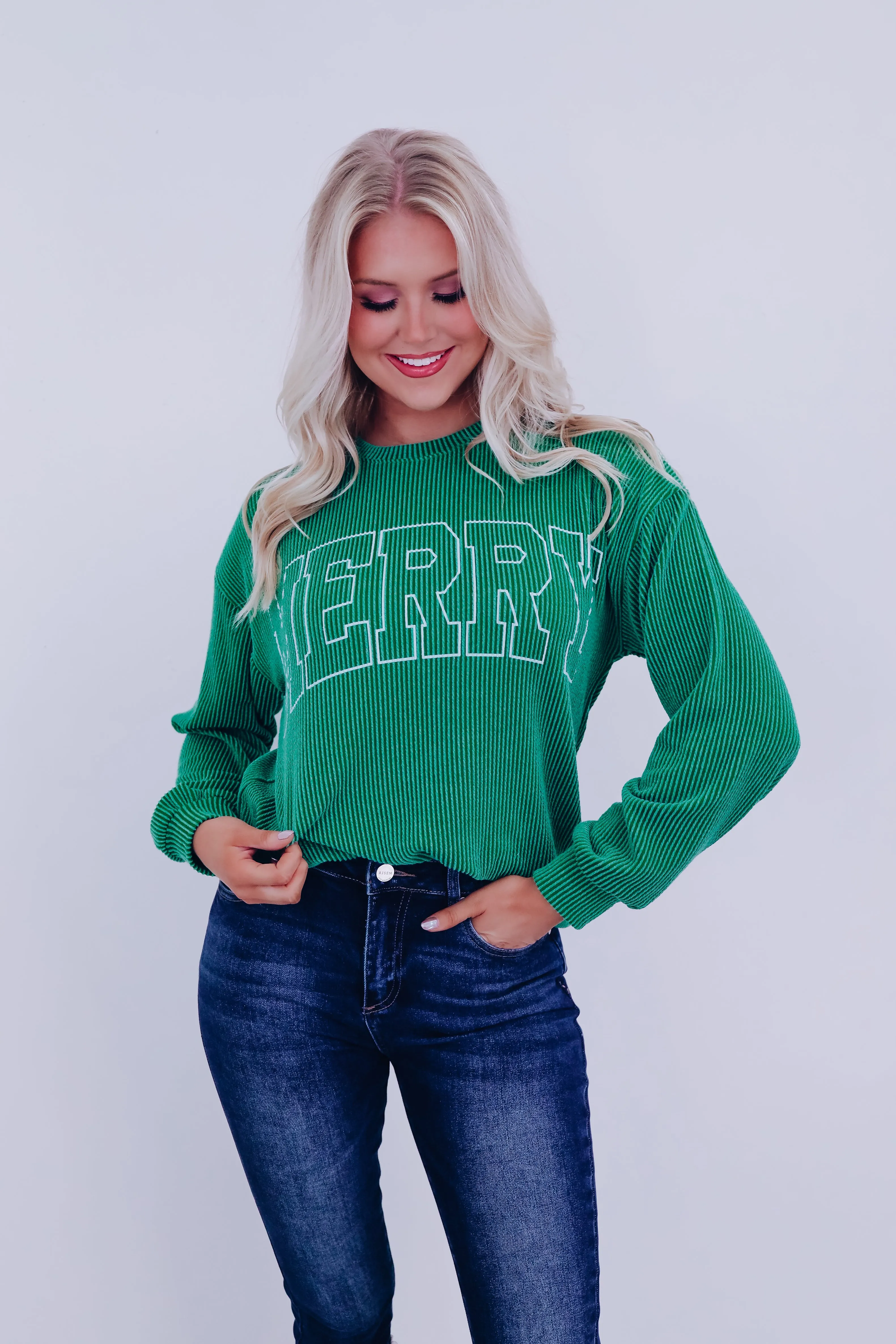 Holiday "Merry" Graphic Long Sleeve Top - Green