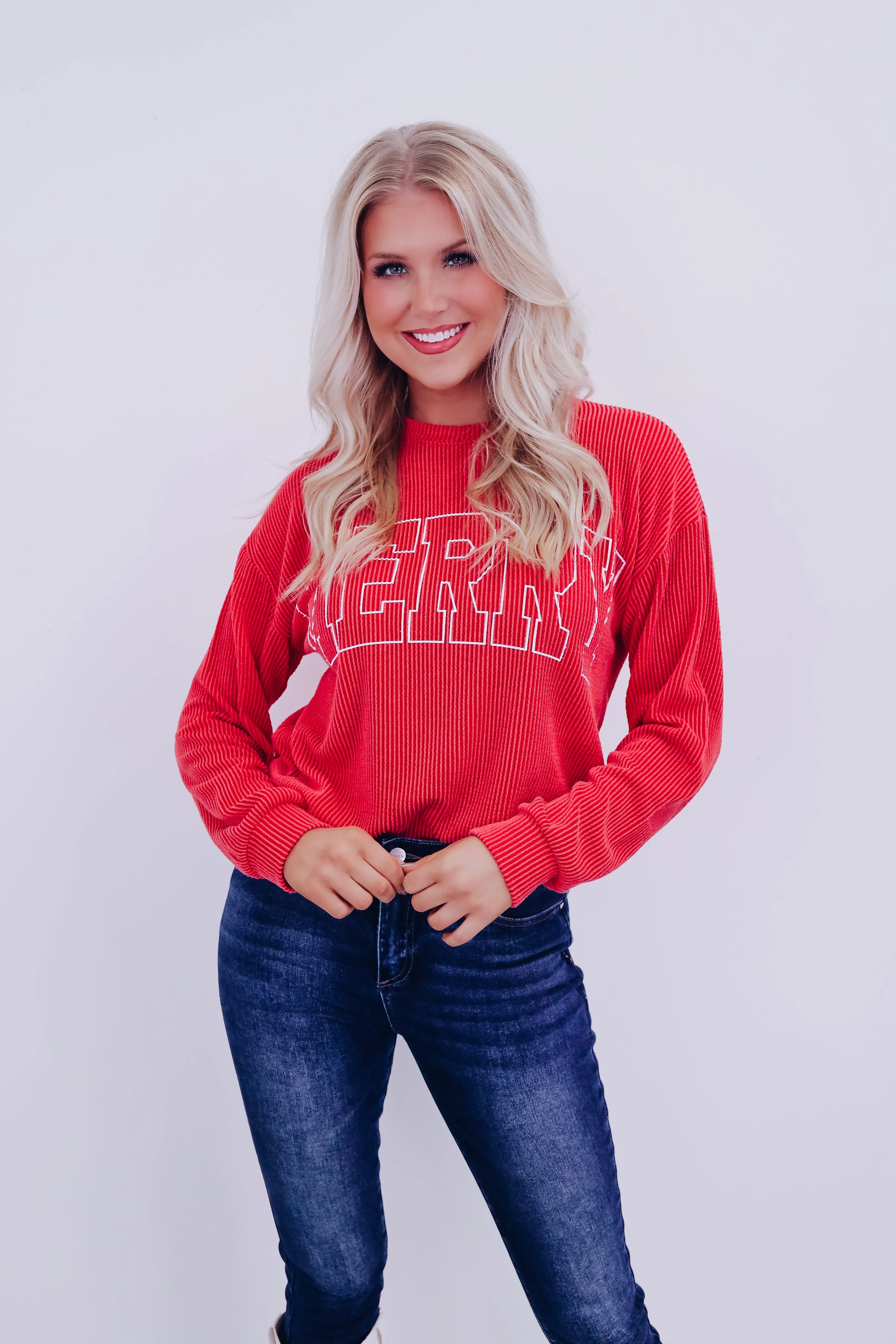 Holiday "Merry" Graphic Long Sleeve Top - Red