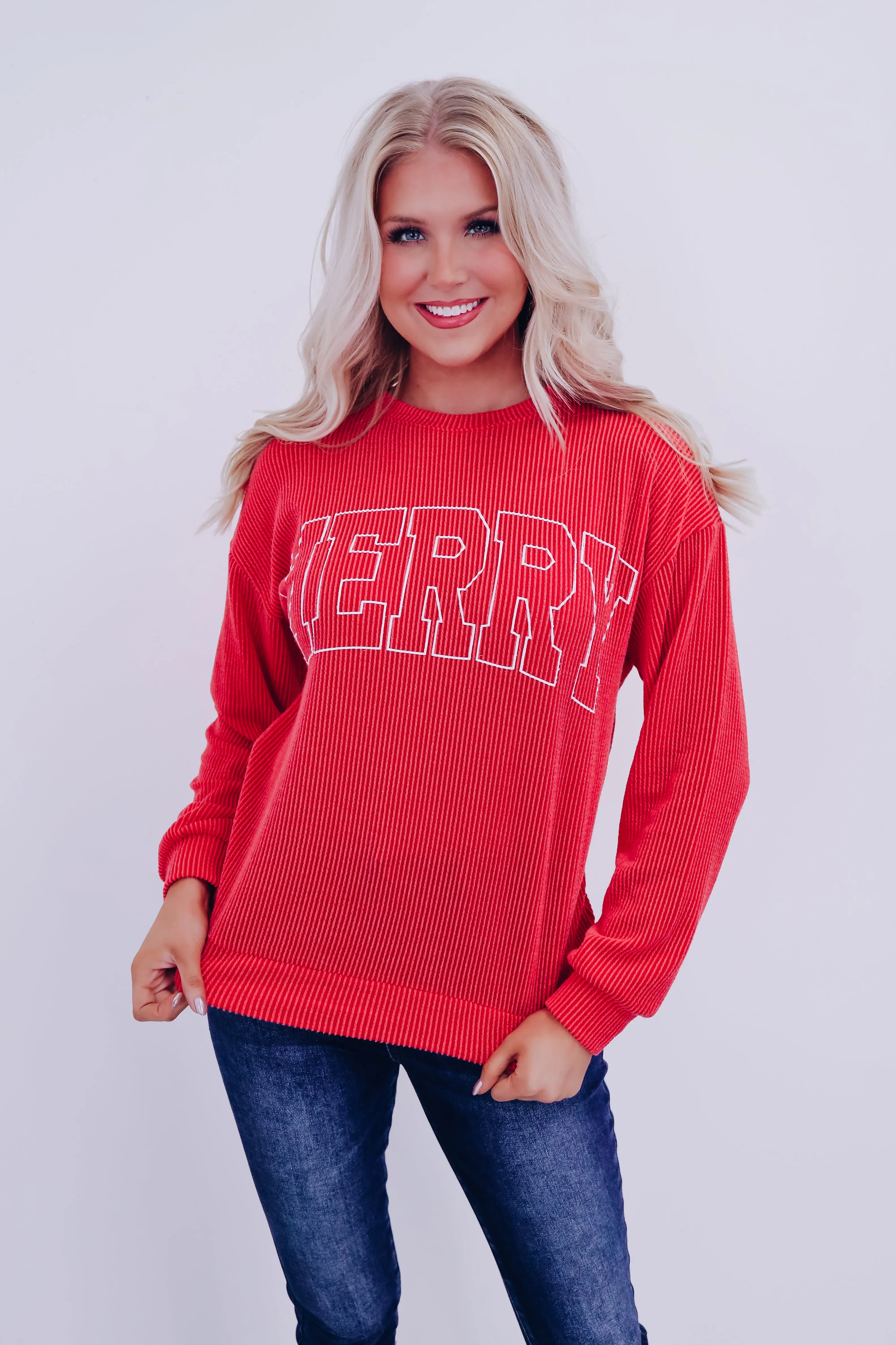 Holiday "Merry" Graphic Long Sleeve Top - Red