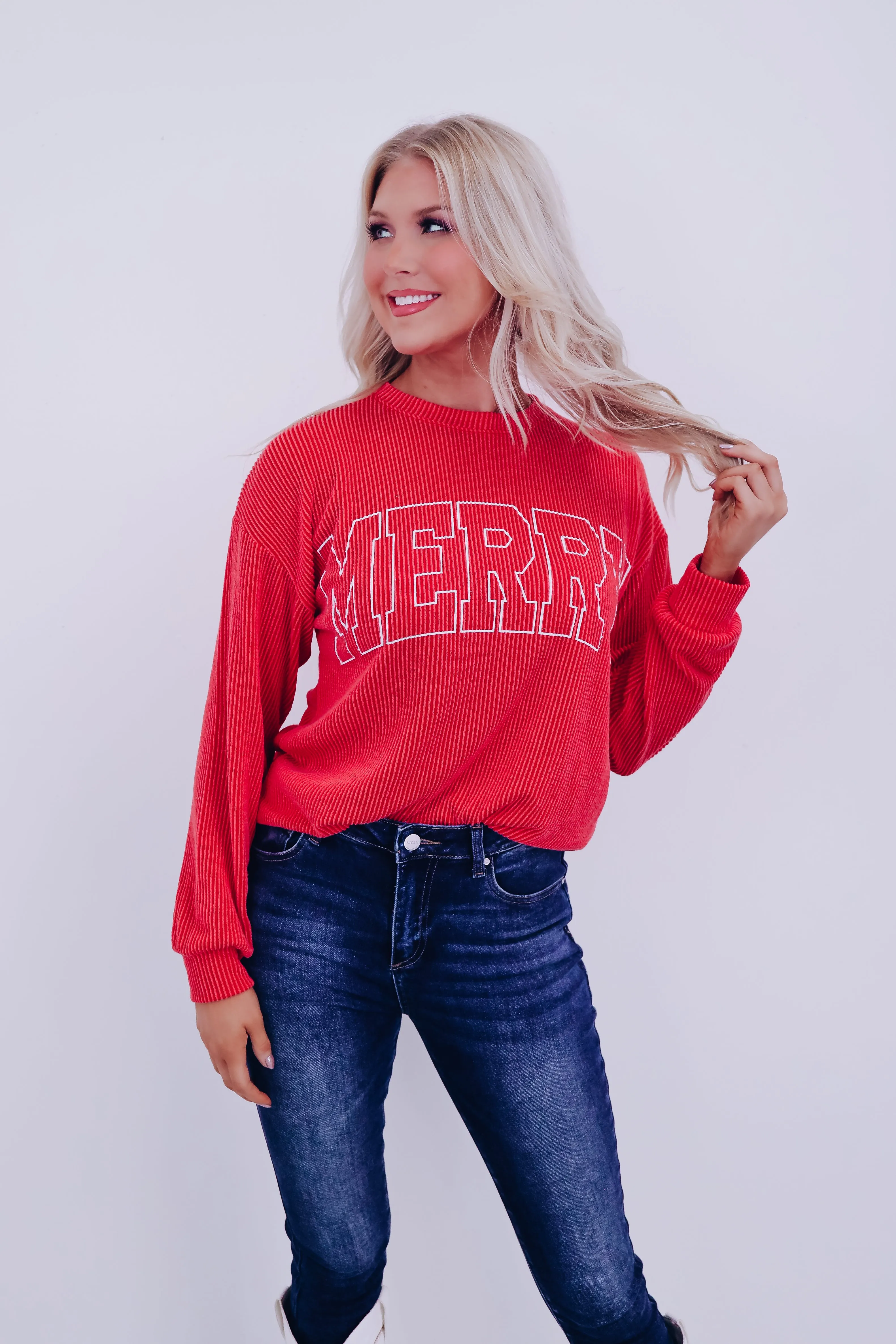 Holiday "Merry" Graphic Long Sleeve Top - Red