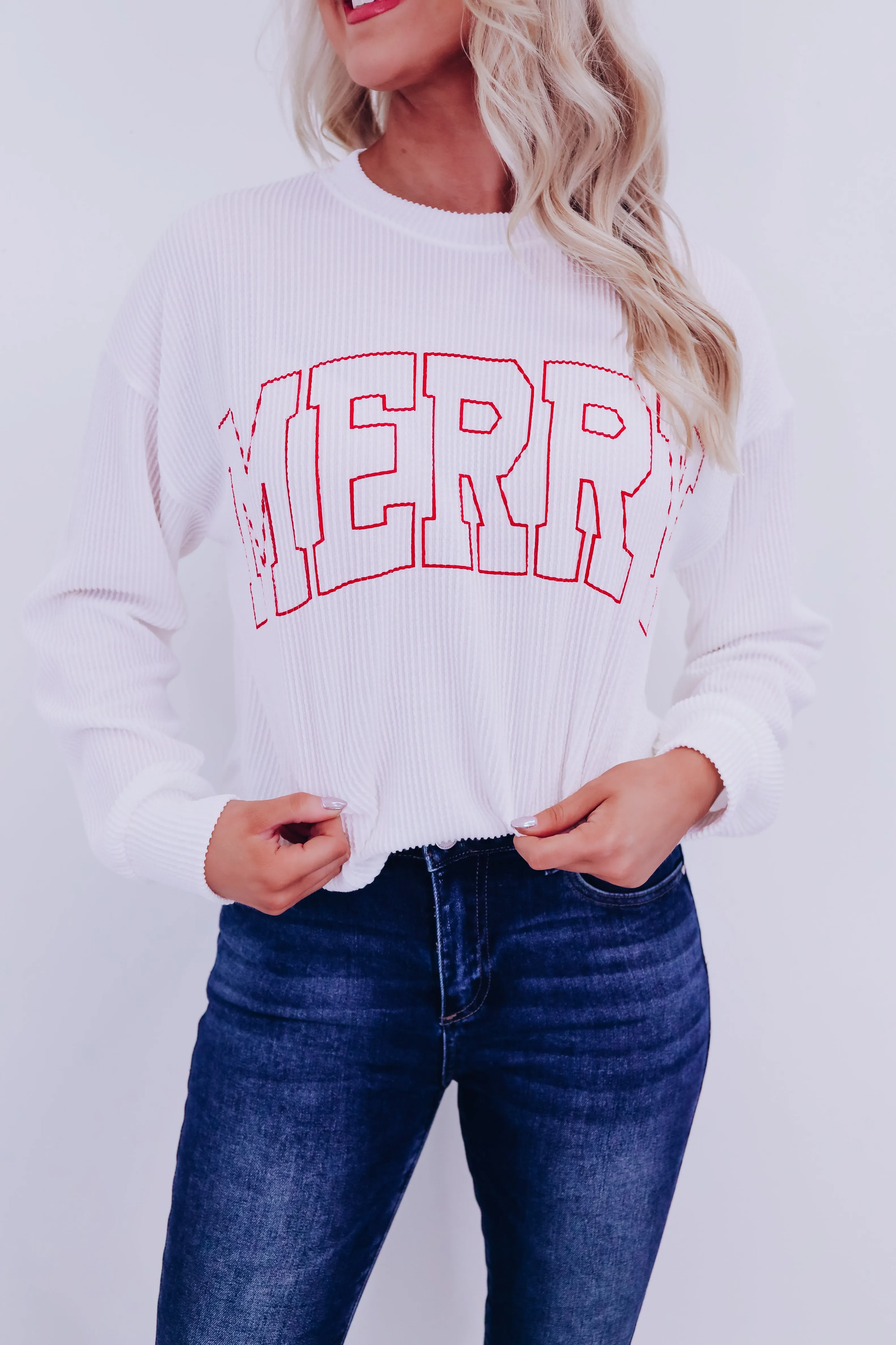 Holiday "Merry" Graphic Long Sleeve Top - White