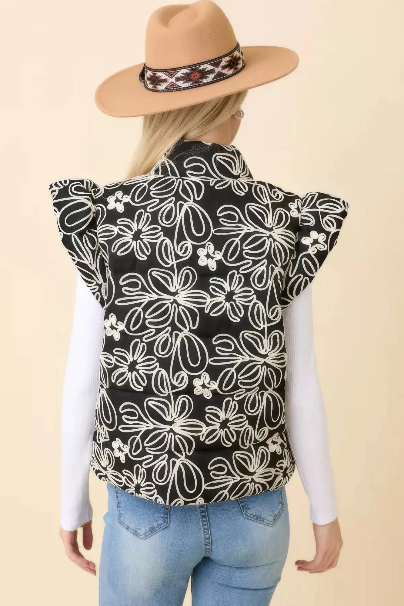 Hot Girl Delilah Floral Velvet Embroidered Denim Puffer Vest In Black