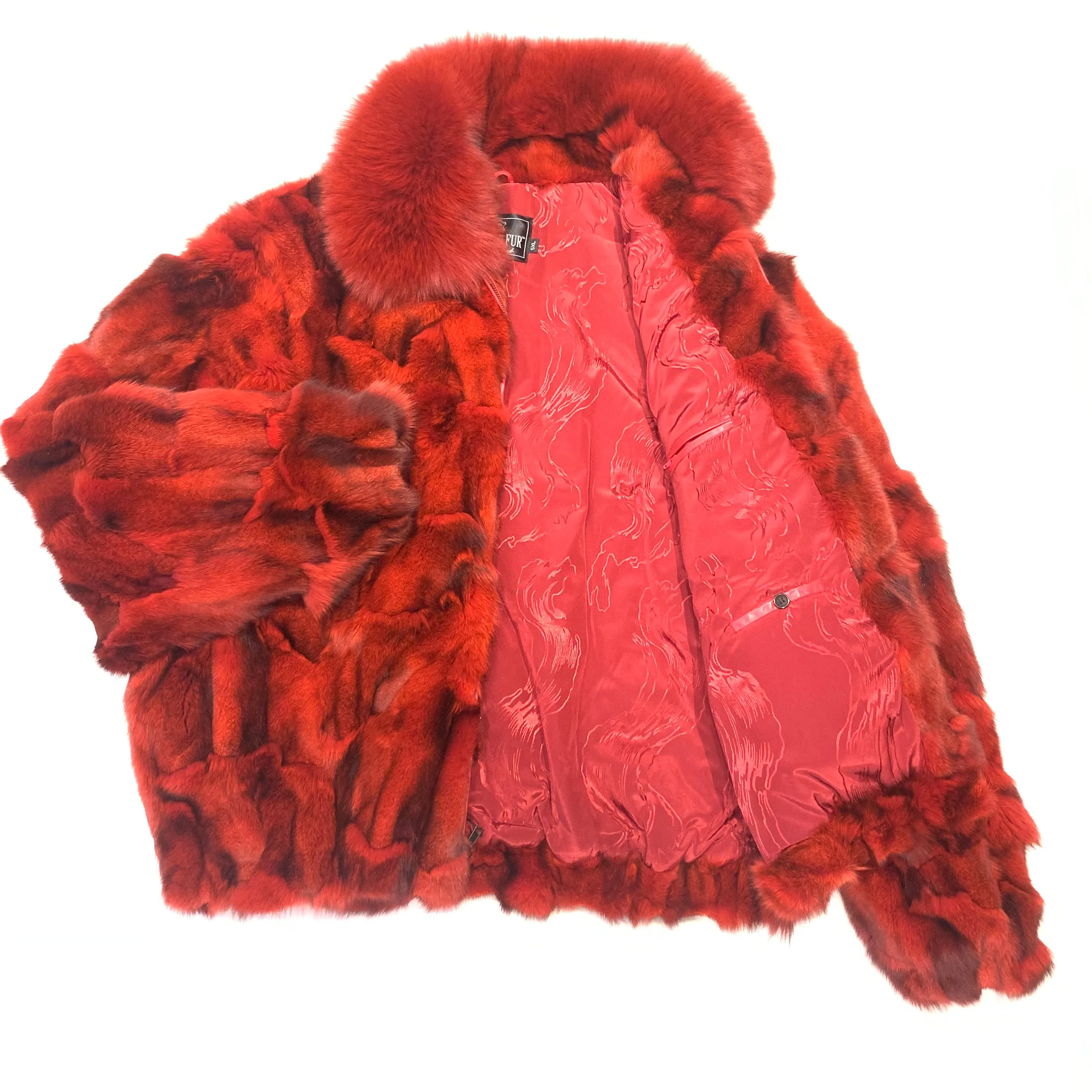 Kashani Men's Red Full Fox Fur Bomber Coat