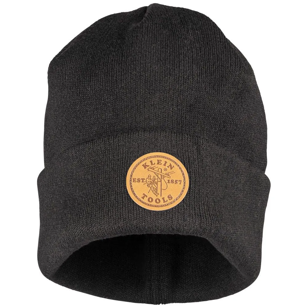 Klein 60569 Heavy Knit Hat, Black, Leather Logo