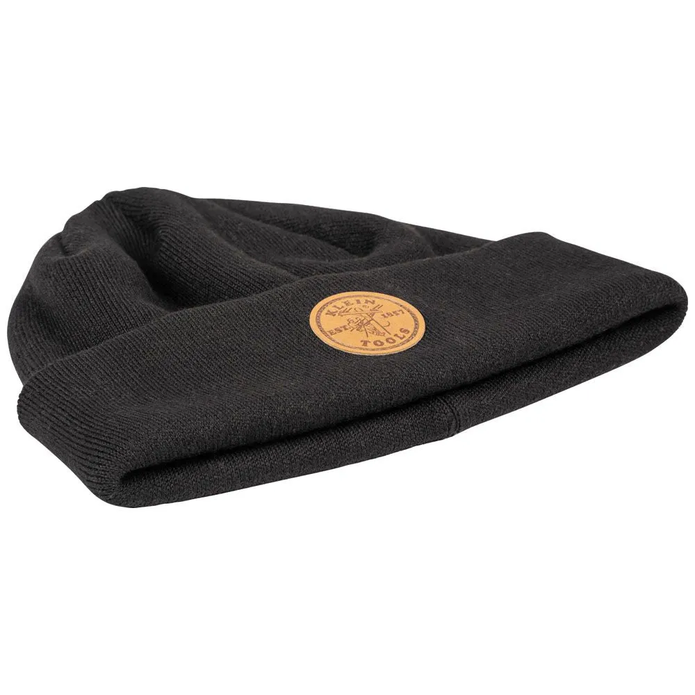 Klein 60569 Heavy Knit Hat, Black, Leather Logo