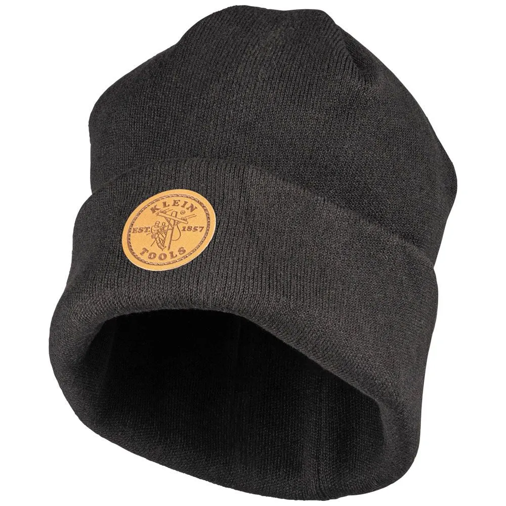 Klein 60569 Heavy Knit Hat, Black, Leather Logo