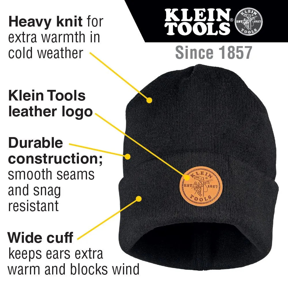 Klein 60569 Heavy Knit Hat, Black, Leather Logo