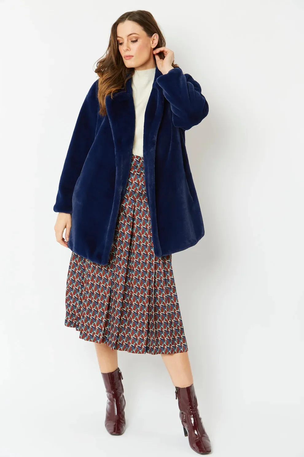 Ladies Blue Faux Fur Midi Coat