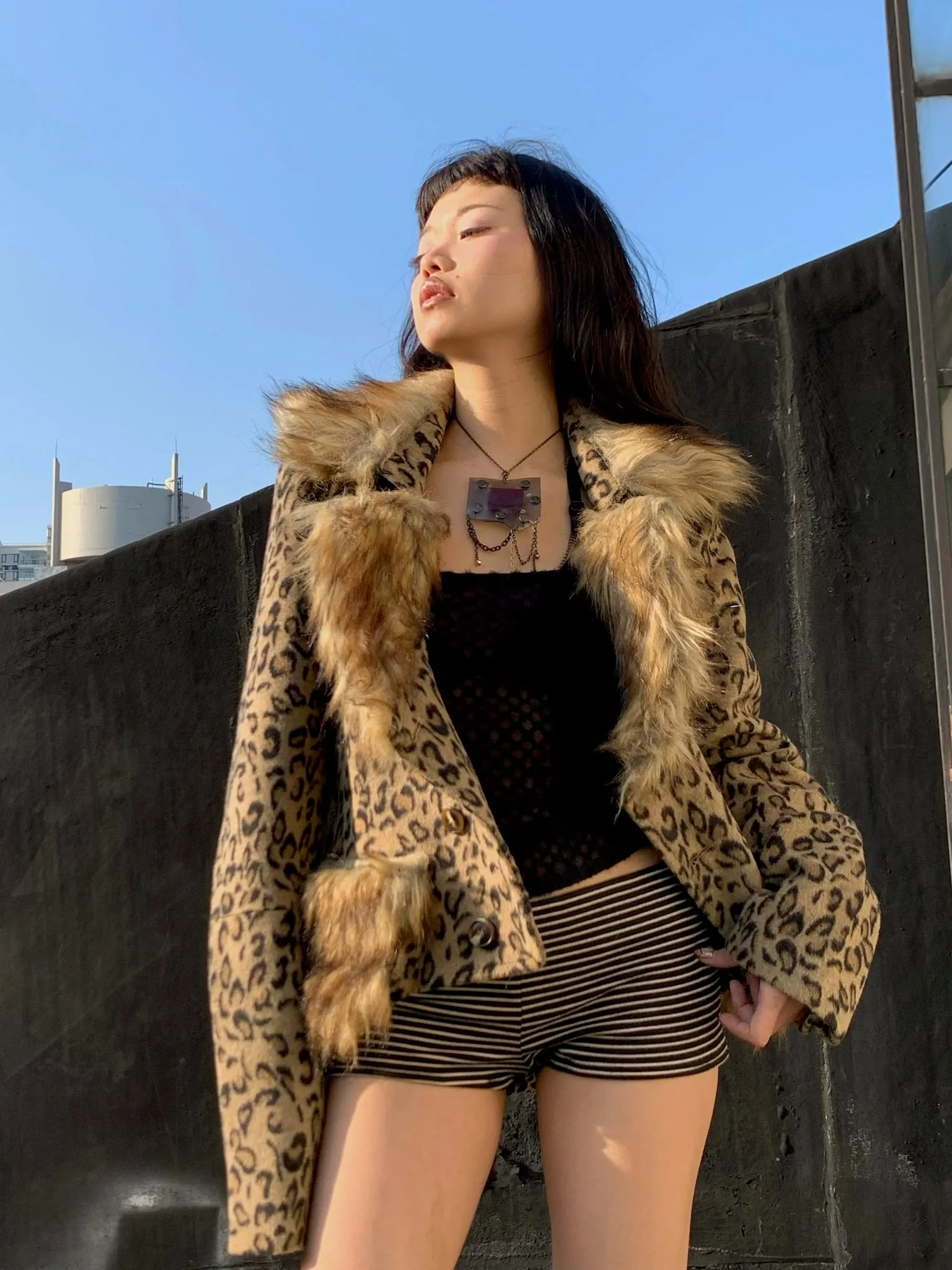 Leopard print coat with big fur collar