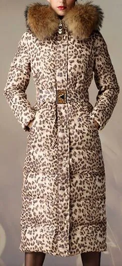 Leopard Print Down Coat with Fur Trim Hood