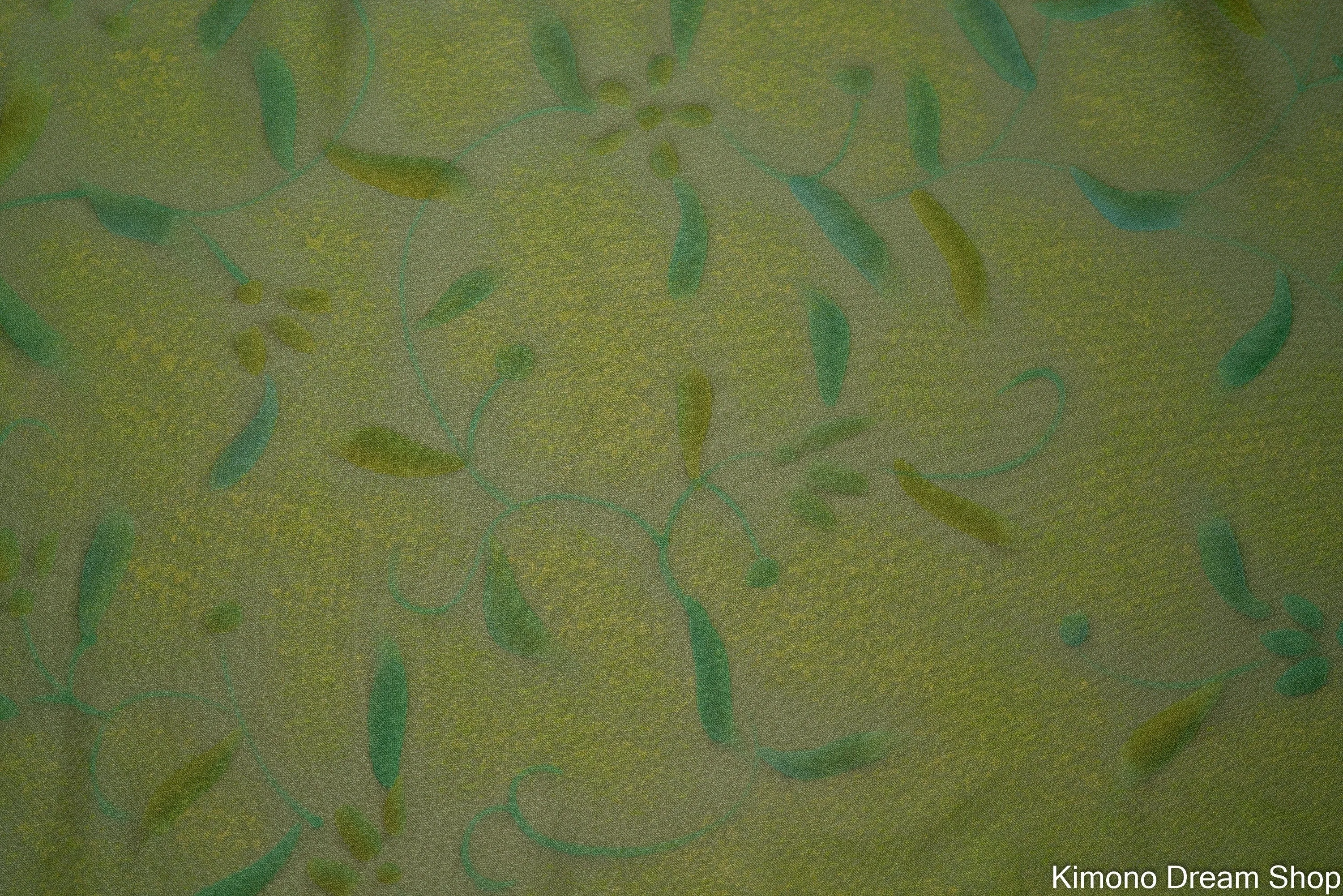 Light Green with Teal & Green Leaves Fabric Bolt - Vintage Silk Kimono Jacket Fabric - 9 Meters Uncut Smooth Silk Haori Fabric Fluffy Leaves