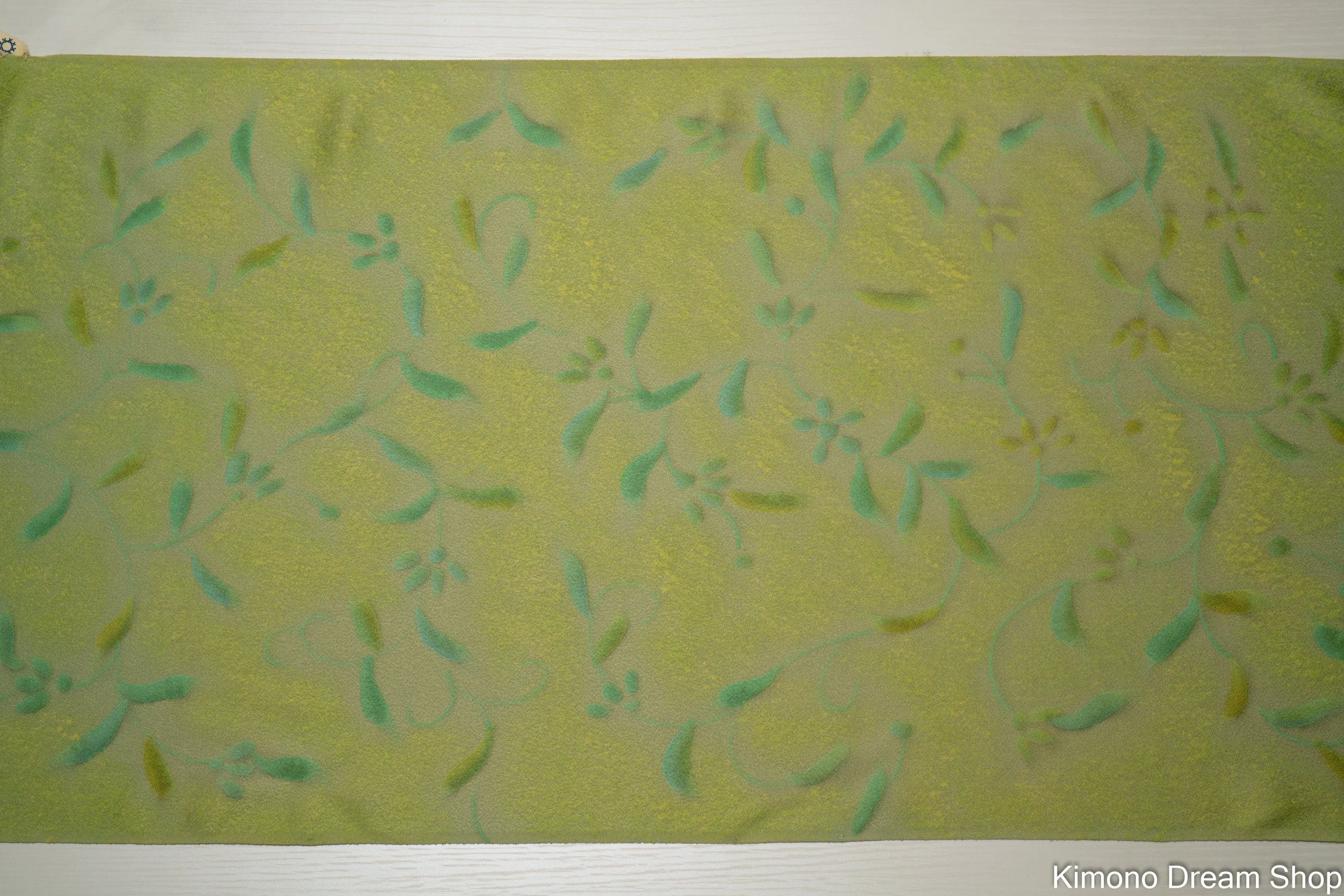 Light Green with Teal & Green Leaves Fabric Bolt - Vintage Silk Kimono Jacket Fabric - 9 Meters Uncut Smooth Silk Haori Fabric Fluffy Leaves