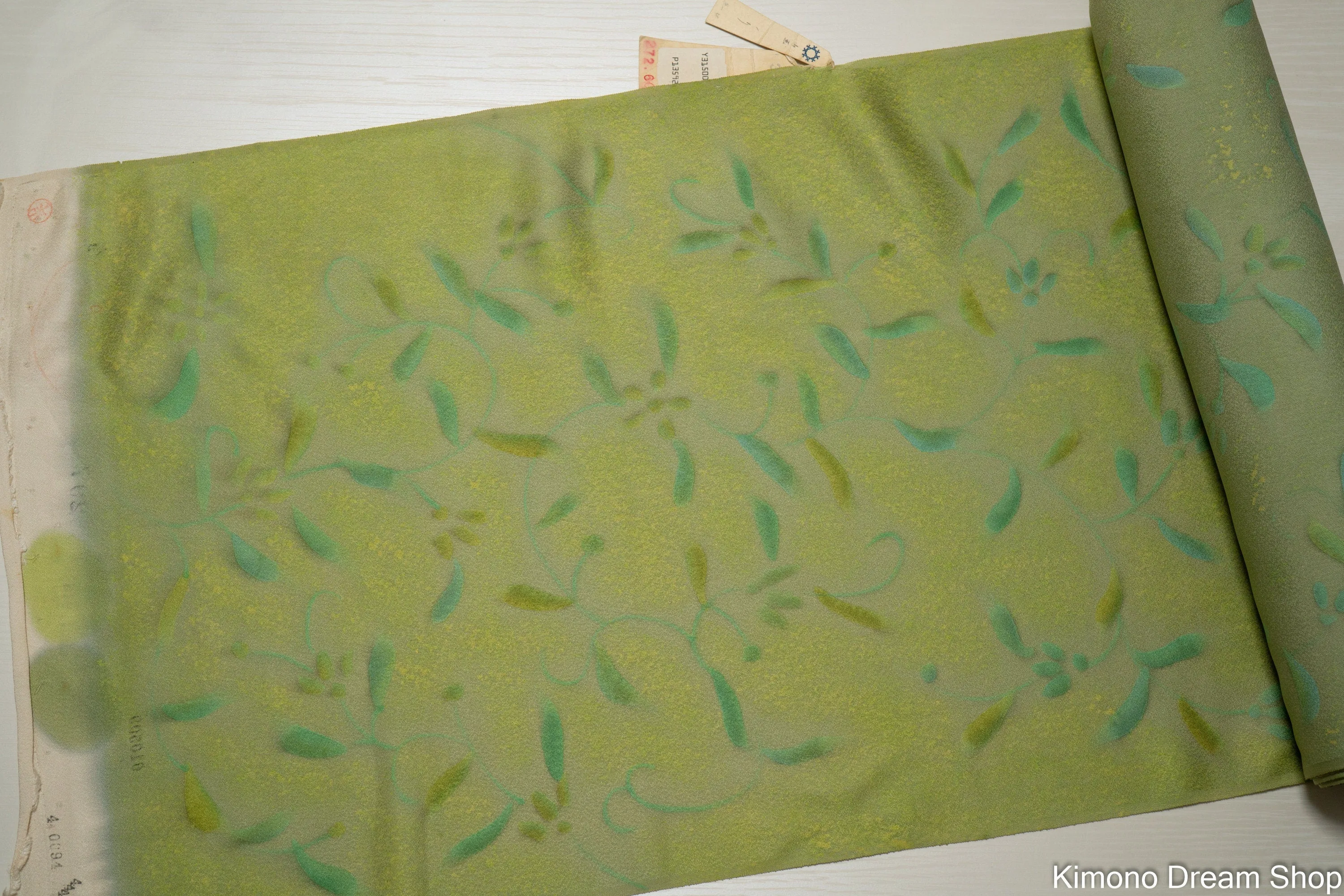 Light Green with Teal & Green Leaves Fabric Bolt - Vintage Silk Kimono Jacket Fabric - 9 Meters Uncut Smooth Silk Haori Fabric Fluffy Leaves