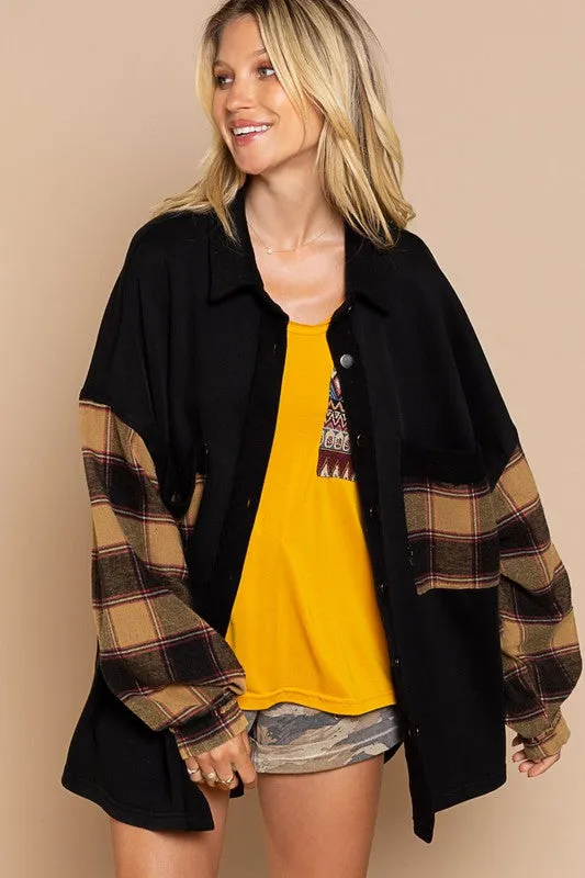 Long Sleeve With Plaid Detail Sleeve Shacket - Online Exclusive