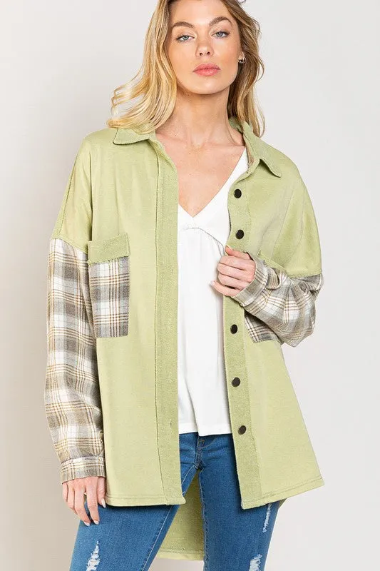 Long Sleeve With Plaid Detail Sleeve Shacket - Online Exclusive