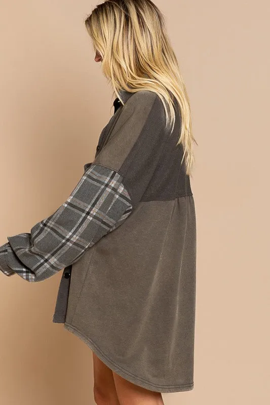 Long Sleeve With Plaid Detail Sleeve Shacket - Online Exclusive