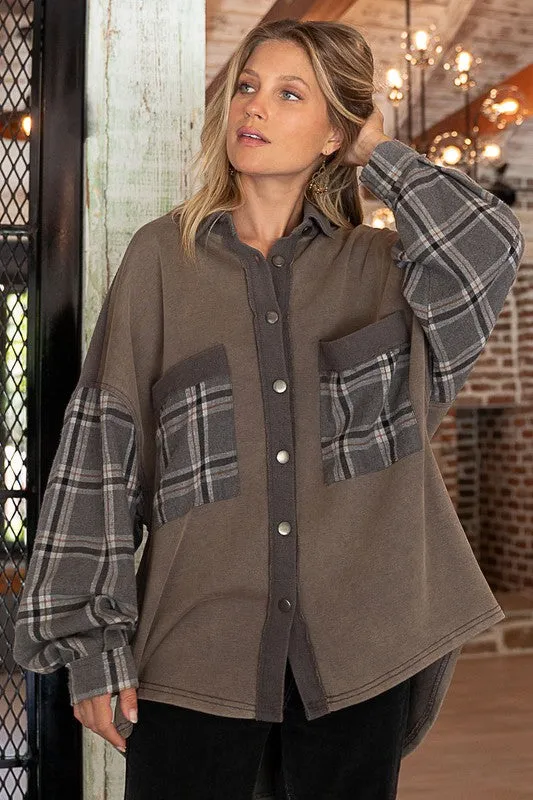 Long Sleeve With Plaid Detail Sleeve Shacket - Online Exclusive