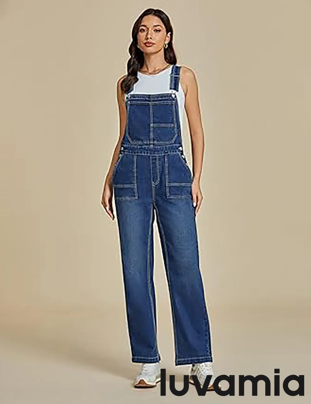 LUVAMIA Women Sleeveless Blue Denim Romper Jumpsuit Adjustable Jean Strap Overall.