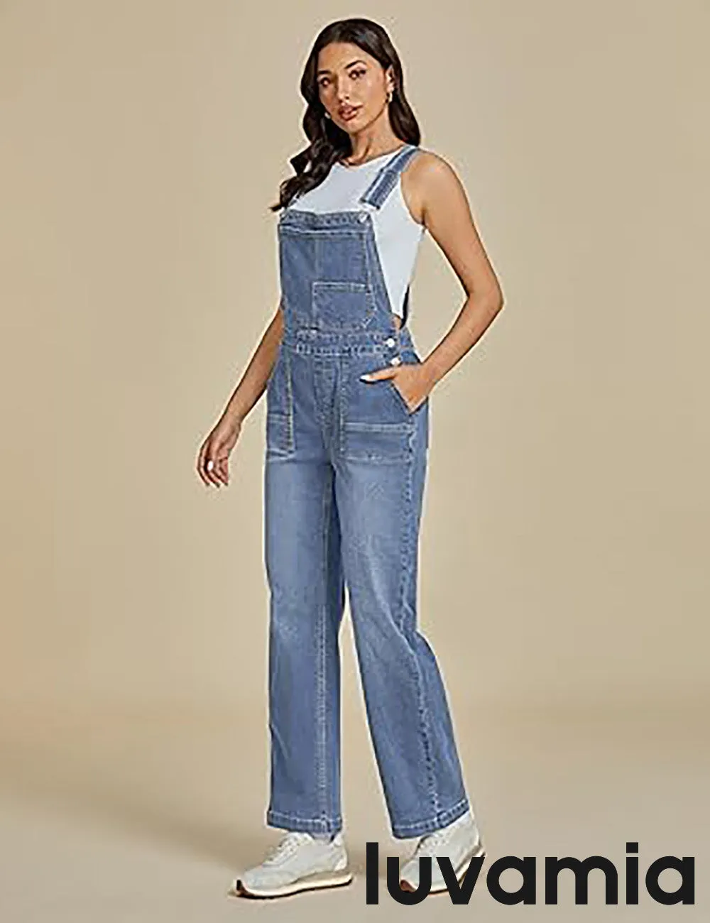 LUVAMIA Women Sleeveless Blue Denim Romper Jumpsuit Adjustable Jean Strap Overall.