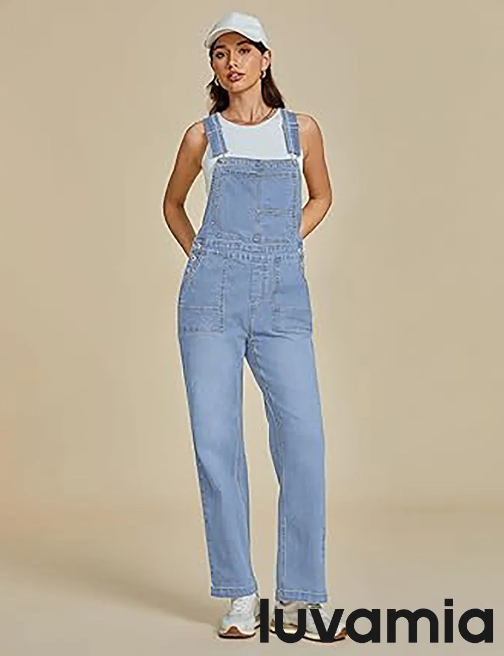 LUVAMIA Women Sleeveless Blue Denim Romper Jumpsuit Adjustable Jean Strap Overall.