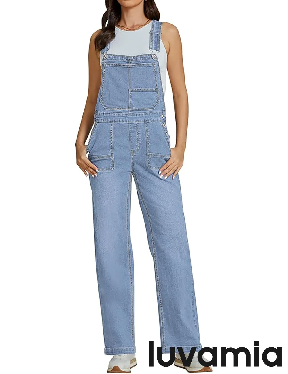 LUVAMIA Women Sleeveless Blue Denim Romper Jumpsuit Adjustable Jean Strap Overall.