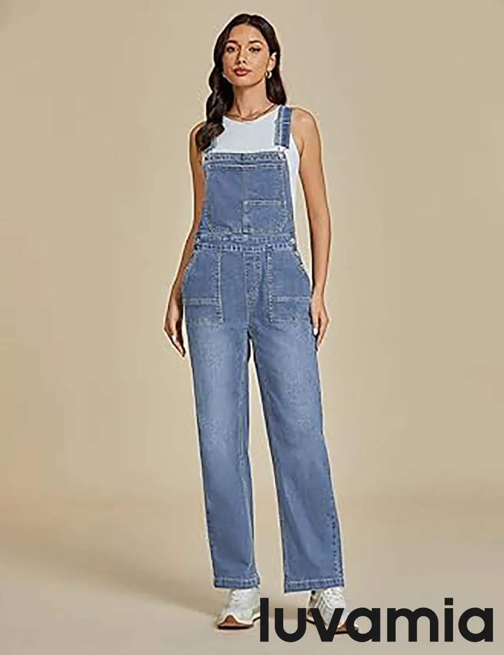 LUVAMIA Women Sleeveless Blue Denim Romper Jumpsuit Adjustable Jean Strap Overall.