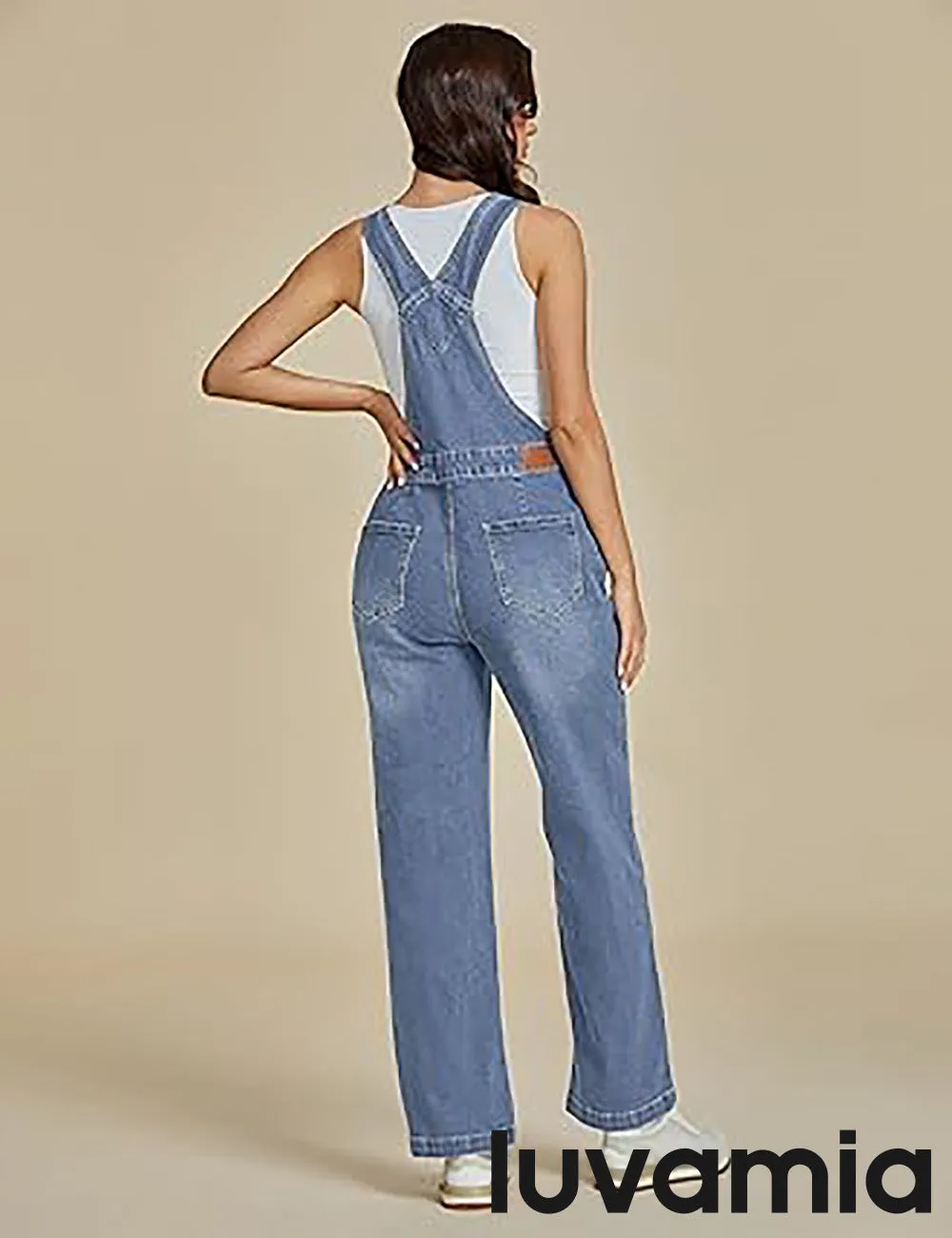 LUVAMIA Women Sleeveless Blue Denim Romper Jumpsuit Adjustable Jean Strap Overall.