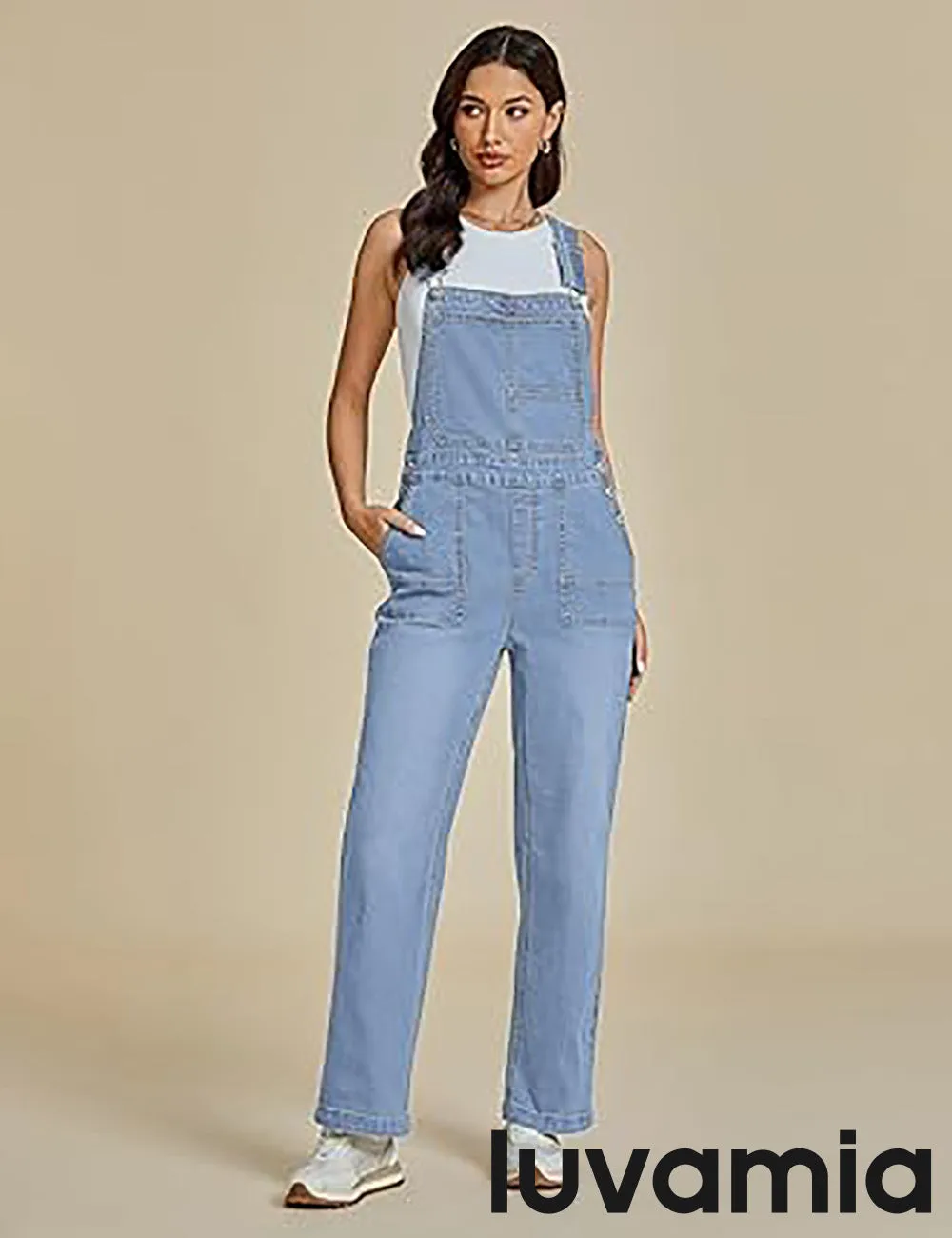 LUVAMIA Women Sleeveless Blue Denim Romper Jumpsuit Adjustable Jean Strap Overall.