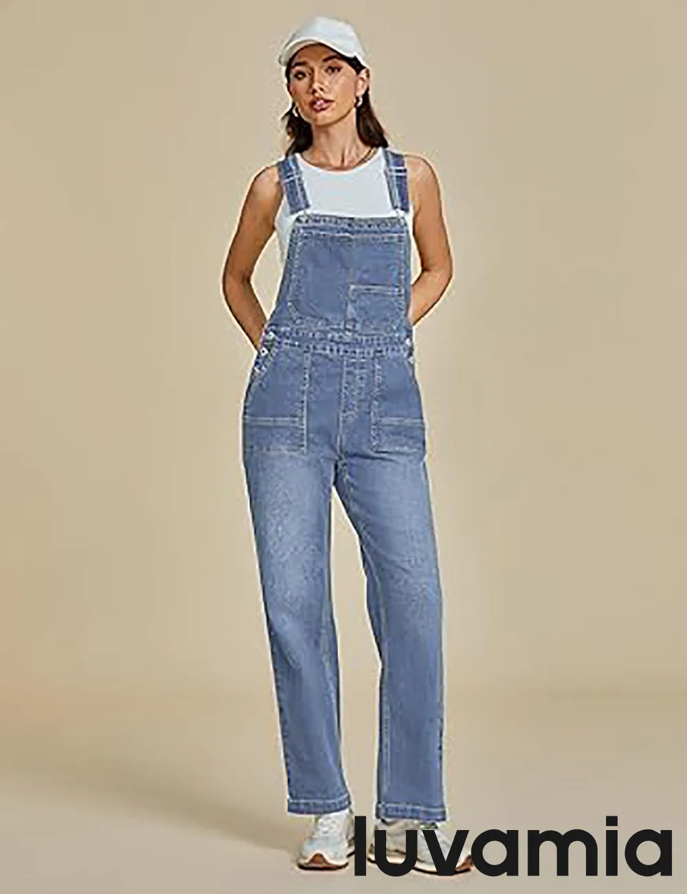 LUVAMIA Women Sleeveless Blue Denim Romper Jumpsuit Adjustable Jean Strap Overall.