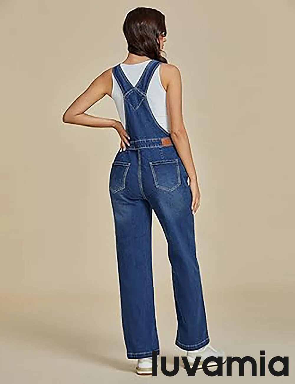 LUVAMIA Women Sleeveless Blue Denim Romper Jumpsuit Adjustable Jean Strap Overall.