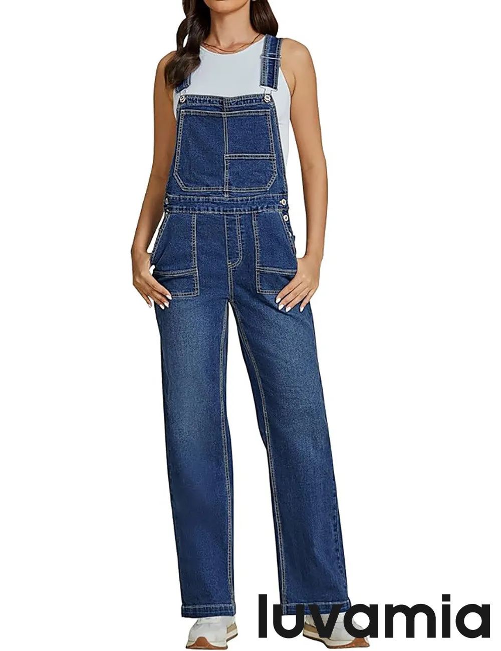 LUVAMIA Women Sleeveless Blue Denim Romper Jumpsuit Adjustable Jean Strap Overall.