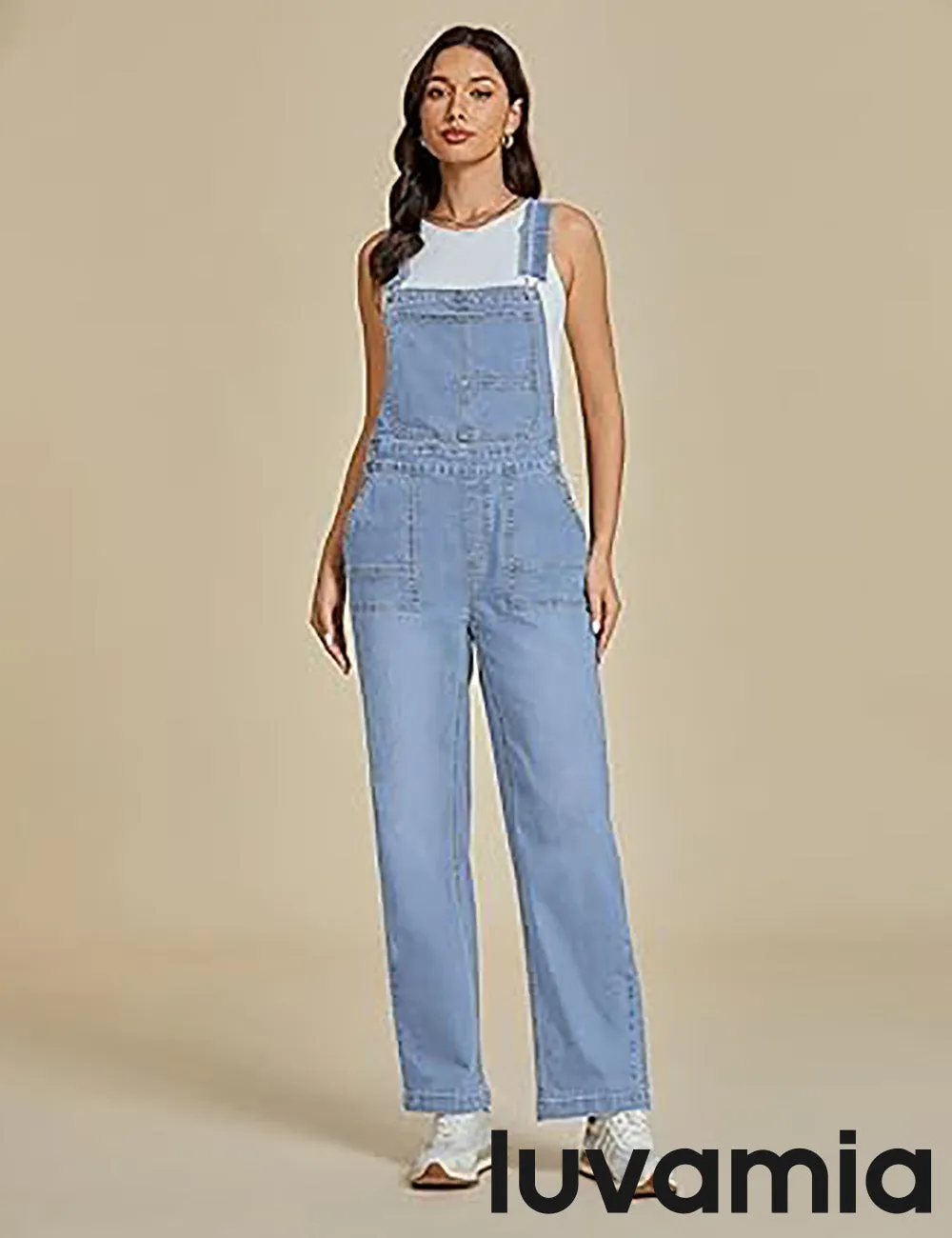 LUVAMIA Women Sleeveless Blue Denim Romper Jumpsuit Adjustable Jean Strap Overall.