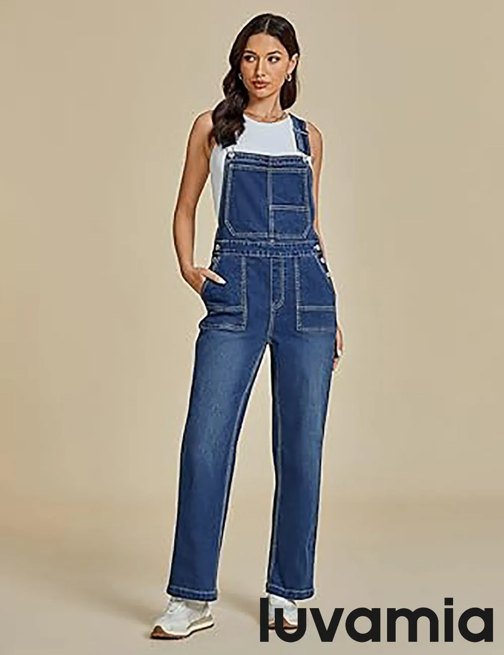 LUVAMIA Women Sleeveless Blue Denim Romper Jumpsuit Adjustable Jean Strap Overall.