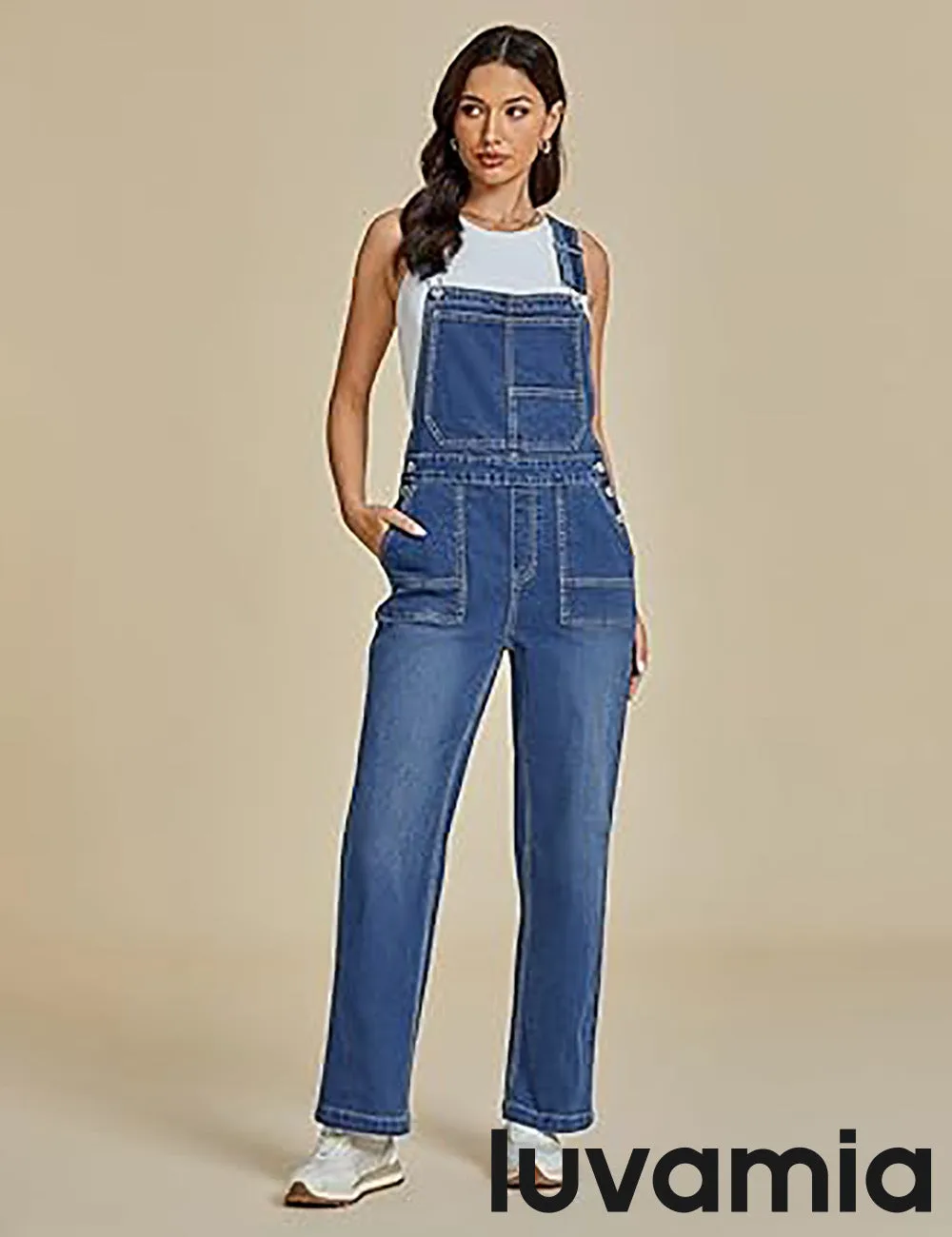 LUVAMIA Women Sleeveless Blue Denim Romper Jumpsuit Adjustable Jean Strap Overall.