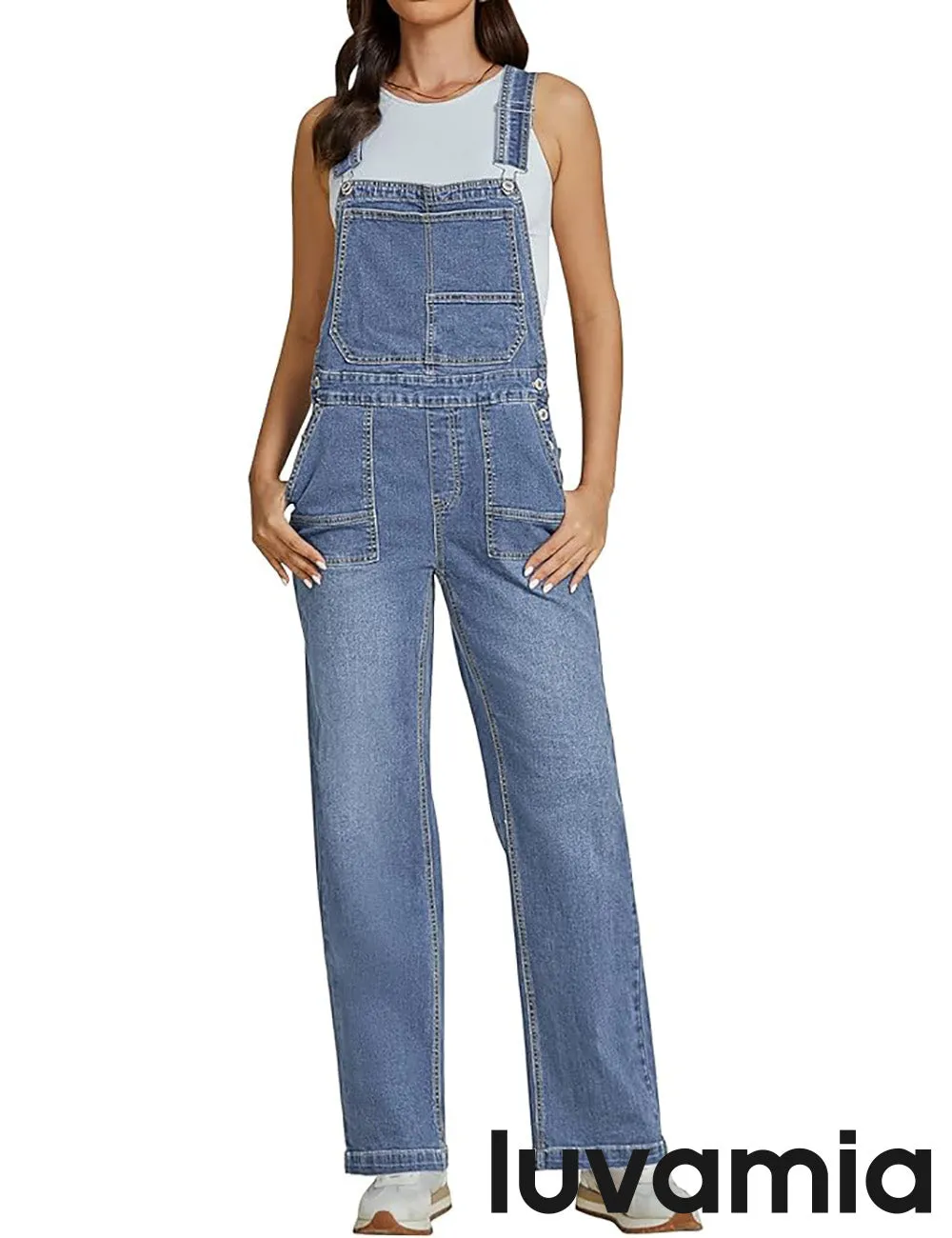 LUVAMIA Women Sleeveless Blue Denim Romper Jumpsuit Adjustable Jean Strap Overall.