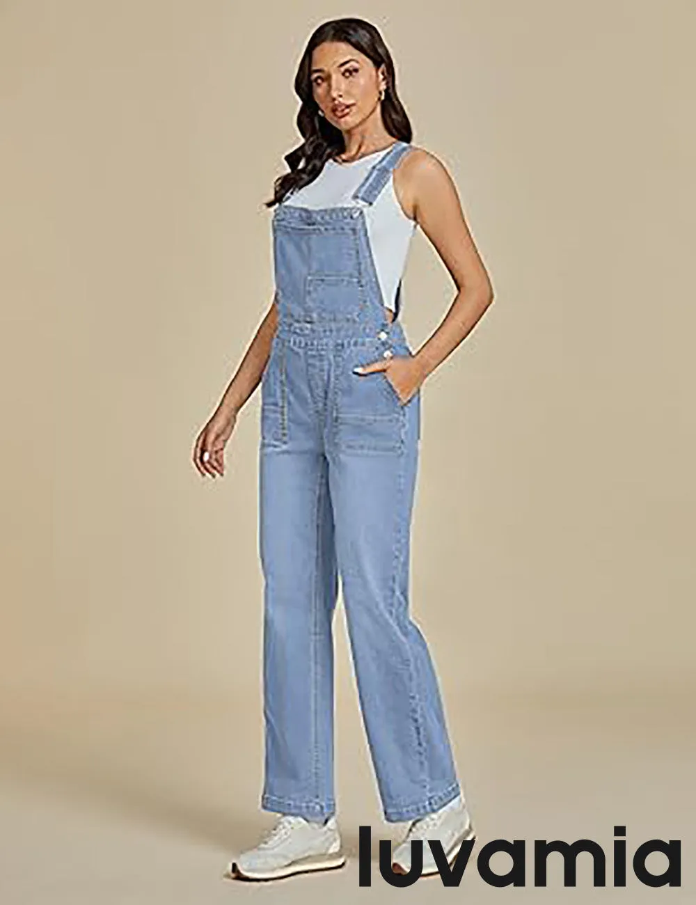 LUVAMIA Women Sleeveless Blue Denim Romper Jumpsuit Adjustable Jean Strap Overall.