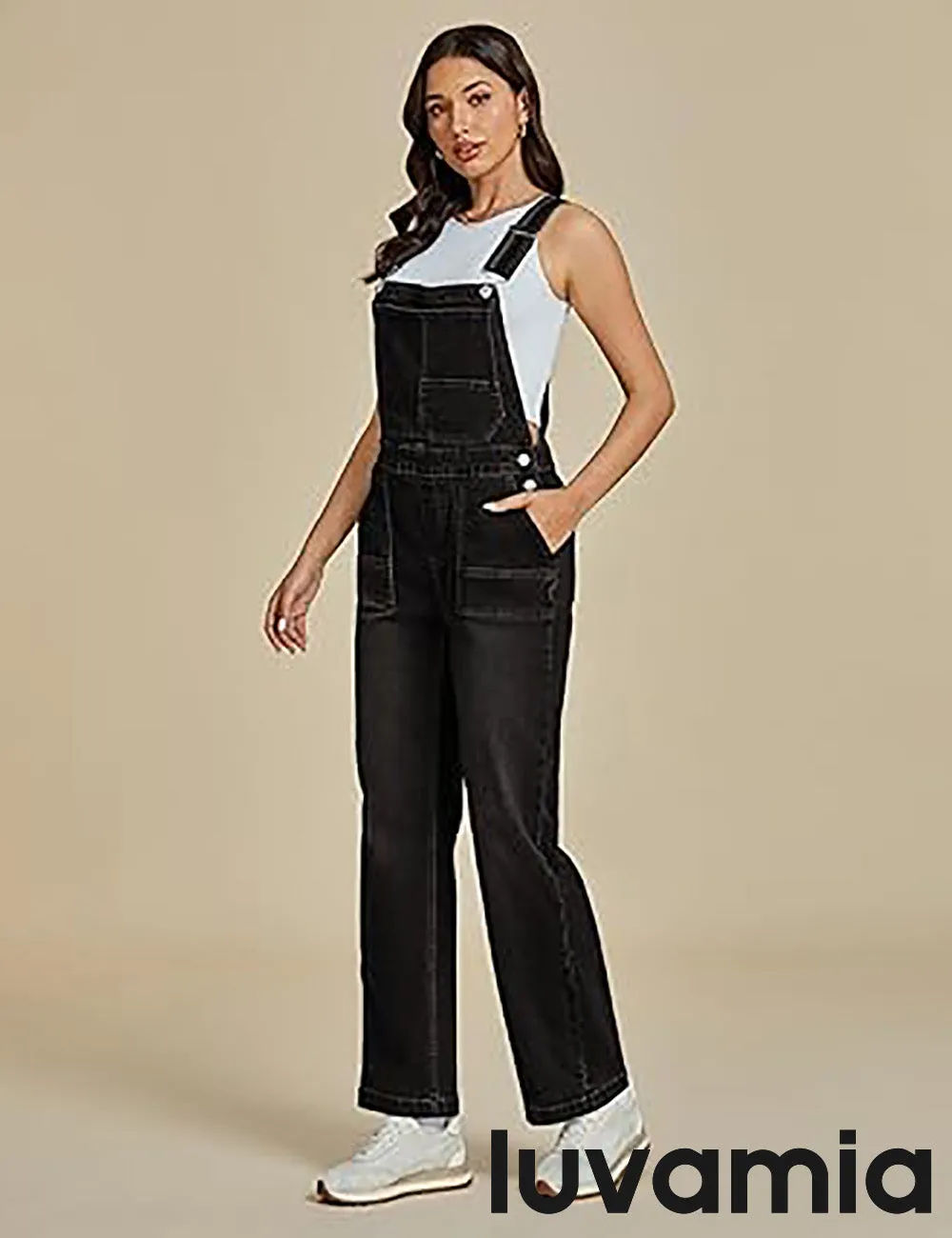 LUVAMIA Women Sleeveless Blue Denim Romper Jumpsuit Adjustable Jean Strap Overall.