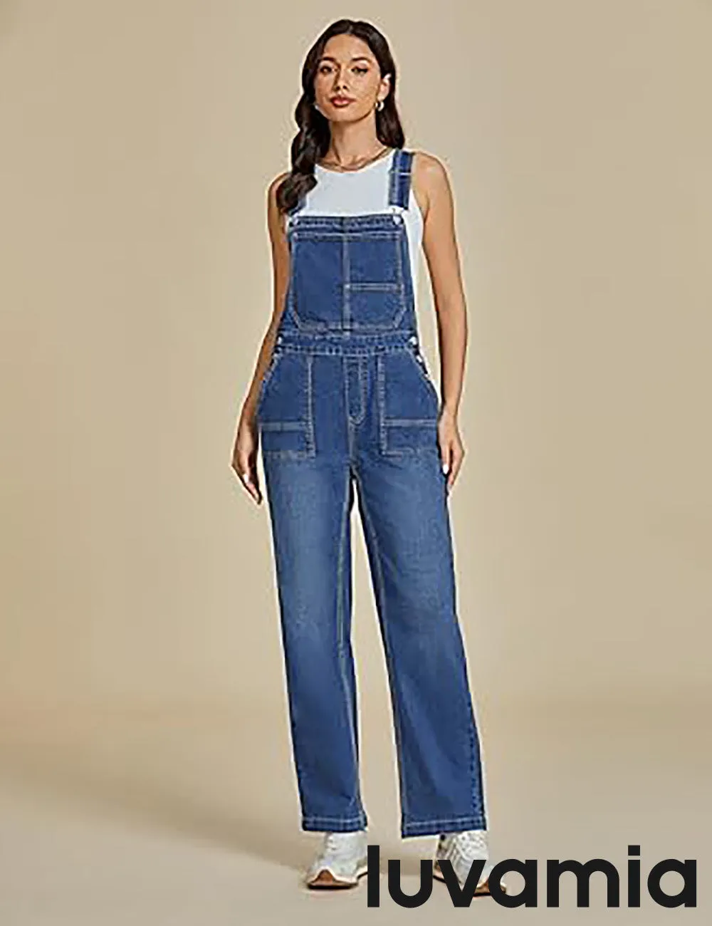 LUVAMIA Women Sleeveless Blue Denim Romper Jumpsuit Adjustable Jean Strap Overall.