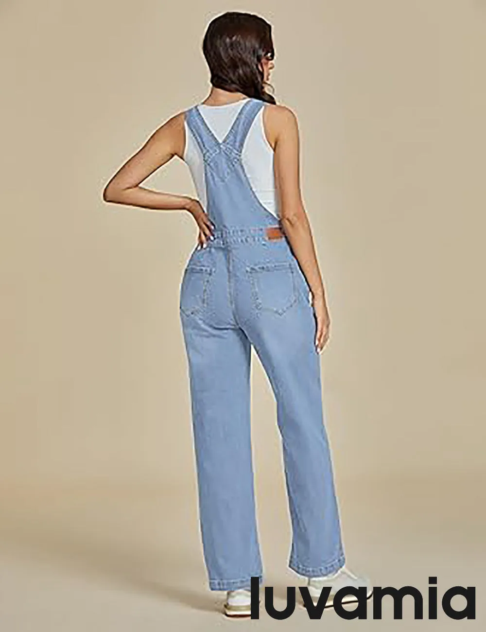 LUVAMIA Women Sleeveless Blue Denim Romper Jumpsuit Adjustable Jean Strap Overall.