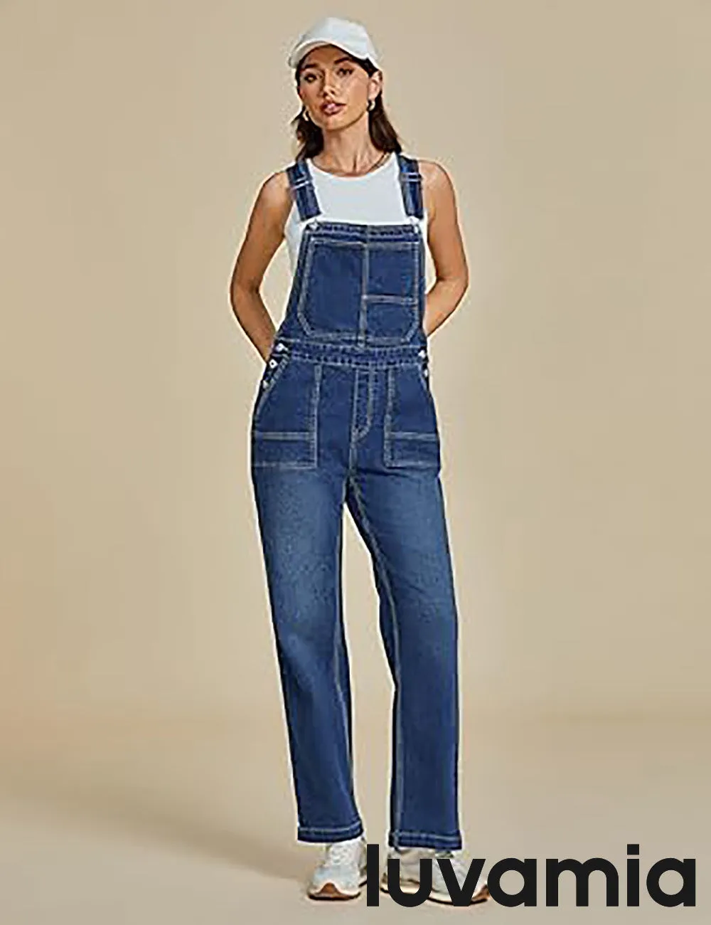 LUVAMIA Women Sleeveless Blue Denim Romper Jumpsuit Adjustable Jean Strap Overall.