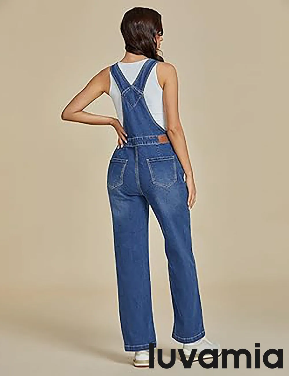 LUVAMIA Women Sleeveless Blue Denim Romper Jumpsuit Adjustable Jean Strap Overall.