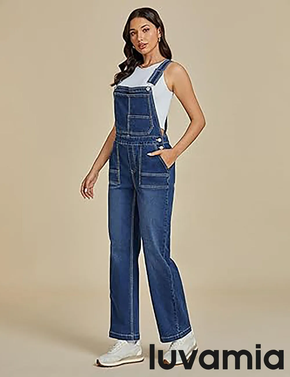 LUVAMIA Women Sleeveless Blue Denim Romper Jumpsuit Adjustable Jean Strap Overall.