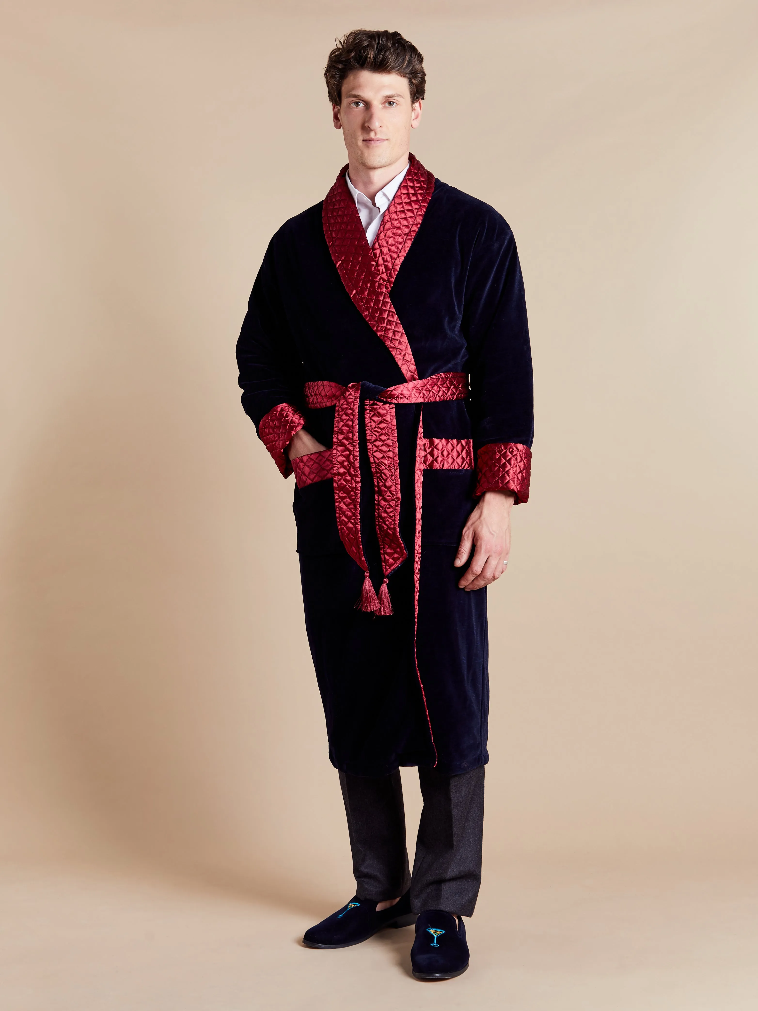 Mayfair Long Velvet Navy Smoking Jacket Robe