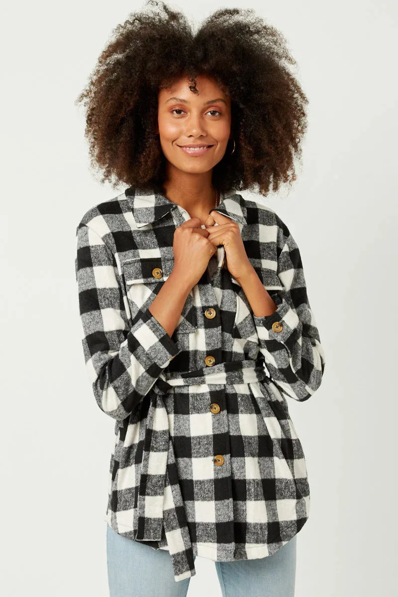 Maylee Misses Black Check Belted Long Shacket S-L