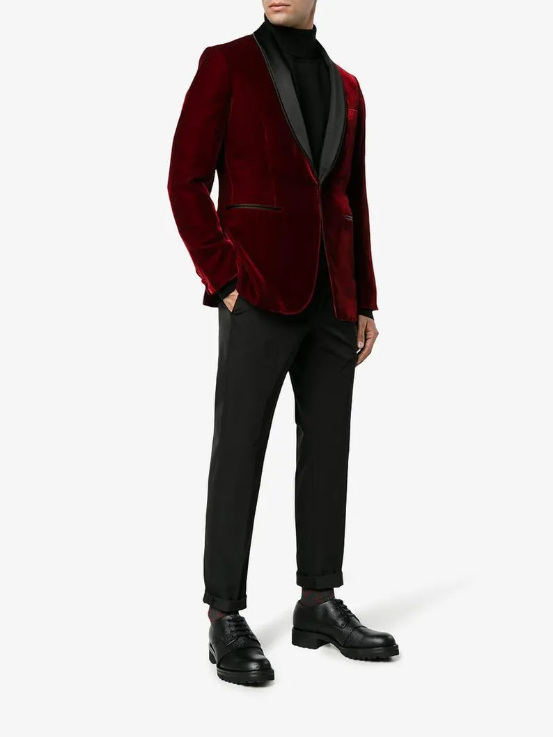 Mens Burgundy Velvet Jacket Elegant Evening Party Wear Blazers Slim Fit Jacket