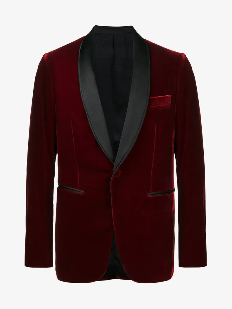 Mens Burgundy Velvet Jacket Elegant Evening Party Wear Blazers Slim Fit Jacket