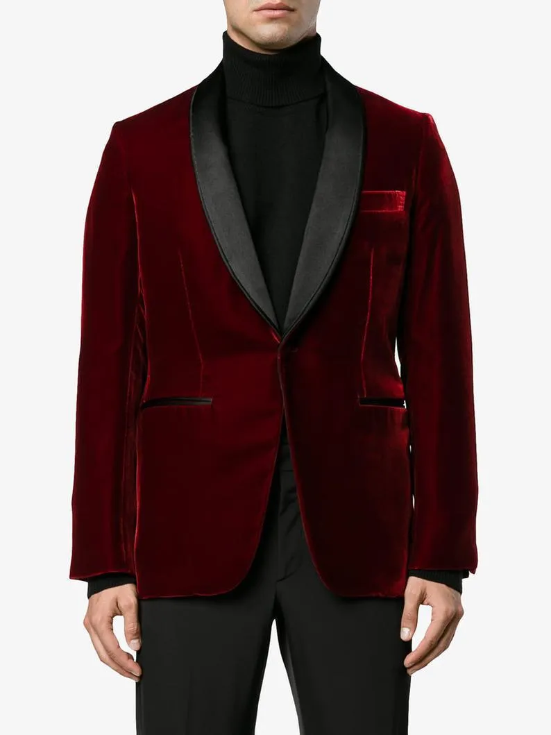 Mens Burgundy Velvet Jacket Elegant Evening Party Wear Blazers Slim Fit Jacket